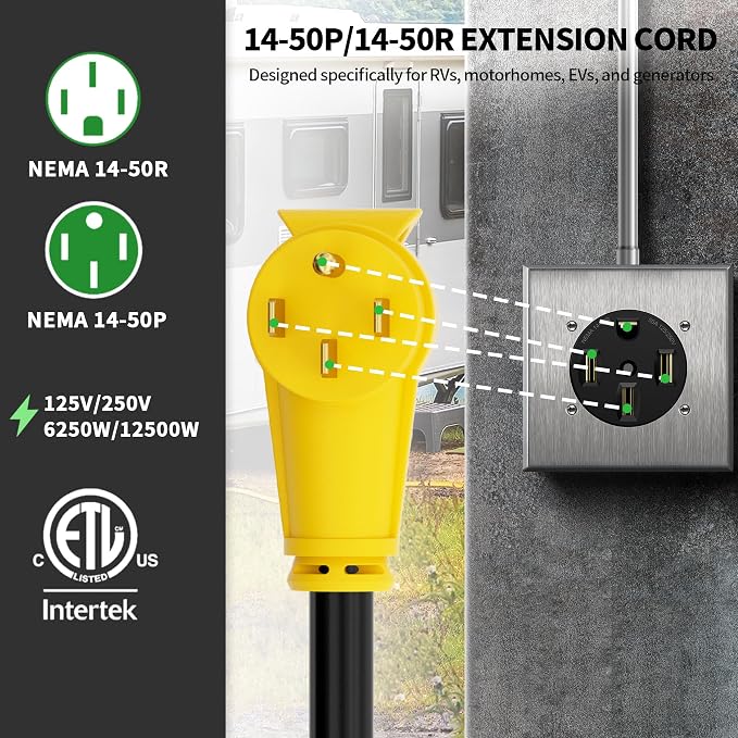 POWGRN NEMA 14-50P to NEMA 14-50R 25FT 50 Amp RV/EV Extension Cord Outdoor - Image 2