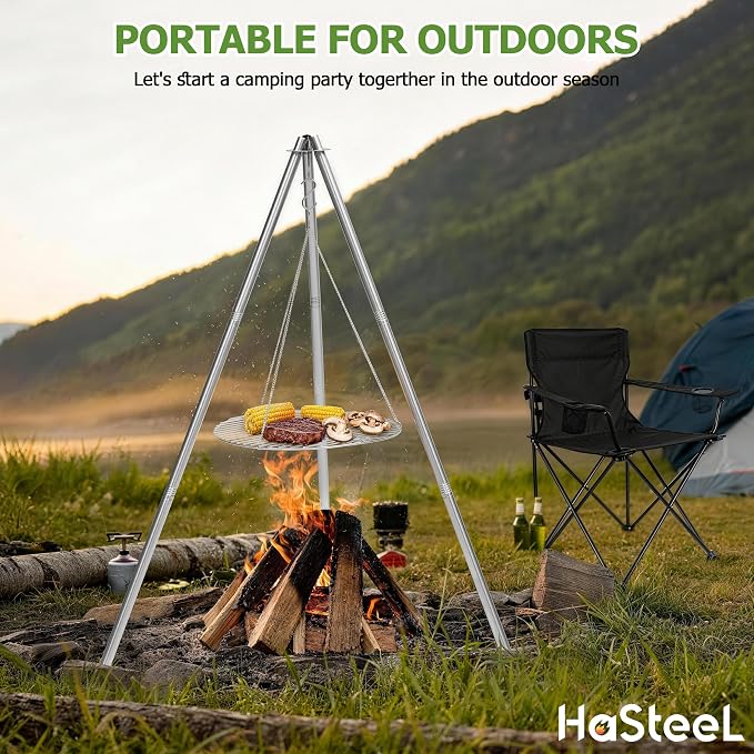 HaSteeL Campfire Tripod for Cooking, Stainless Steel Camping Tripod Grill for - Image 7