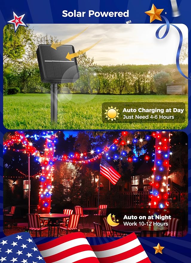 Minetom Red White Blue Lights, Waterproof Solar String Lights Outdoor, Solar - Image 3