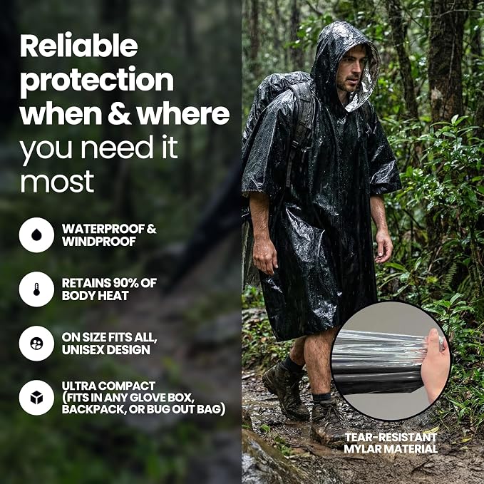 Wallaby 4-Pack Emergency Mylar Ponchos – Universal Fit Thermal Poncho - Image 2