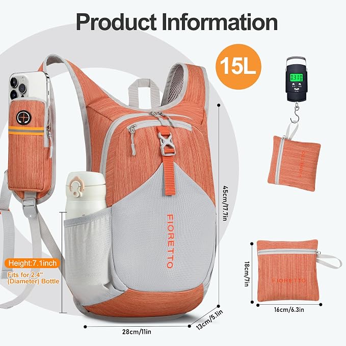 FIORETTO 15L Hiking Backpack for Women Men Mini Packable Backpack Lightweight - Image 5