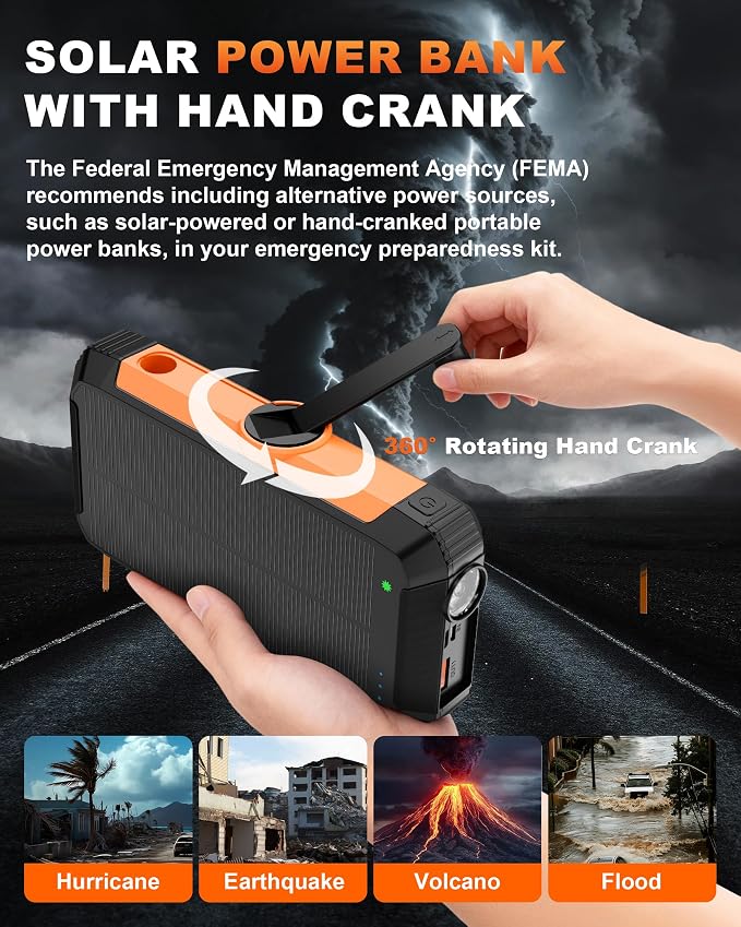 Solar Power Bank with Hand Crank and Retractable Cables, 20000mAh Wireless - Image 5