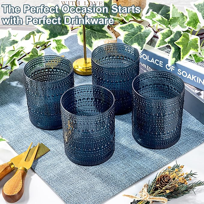 YOUBET 24PCS Plastic Hobnail Drinking Glasses - 14 Oz Blue Vintage Glasses - Image 5