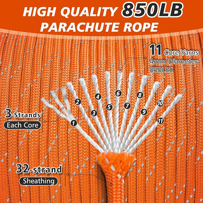 Reflective Paracord Rope 850Ib, 50/100/200/500/1000ft 4MM 11 Strand Strong - Image 3