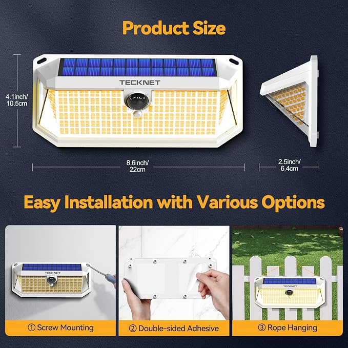 TECKNET 416 LED Solar Powered Outdoor Lights, 270° Angle & 3 Lighting Modes - Image 7