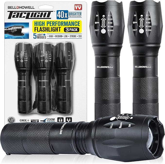 TacLight 3 Pk Tactical Flashlights High Lumens 40x Brighter than Regular Flash by BellHowell