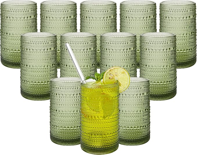 Vintage Hobnail Drinking Glasses Set of 12, 16 oz Large Capacity Embossed Green by Unknown