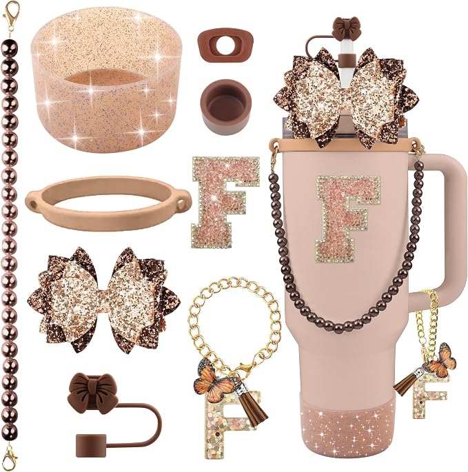 9PCS Brown for Stanley Cup Accessories Set Bling Initials Bow Charms for by Unknown