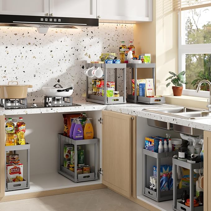 2PC Under Sink Organizer Rack 2 Tier Under Sliding Cabinet Basket Organizer - Image 4