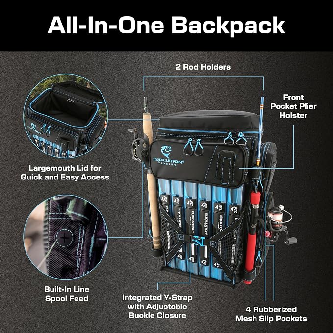 Evolution Fishing Drift Series Tackle Backpack, Outdoor Rucksack w/ 6 Fishing - Image 3