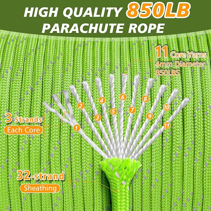 Reflective Paracord Rope 850Ib, 50/100/200/500/1000ft 4MM 11 Strand Parachute - Image 2