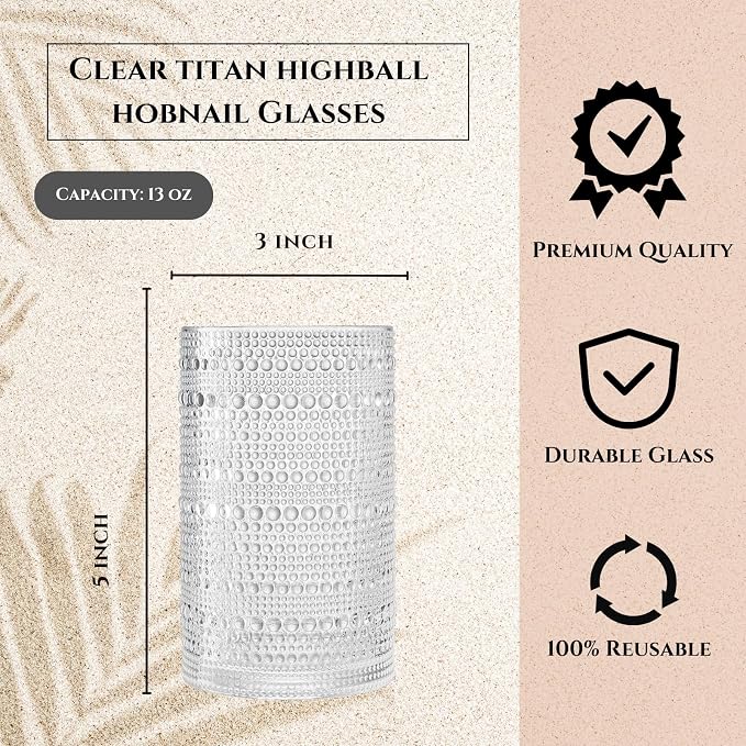 Khen Plastic Hobnail Drinking Highball Glasses Set of 6 Clear Color Cups 14oz - Image 3