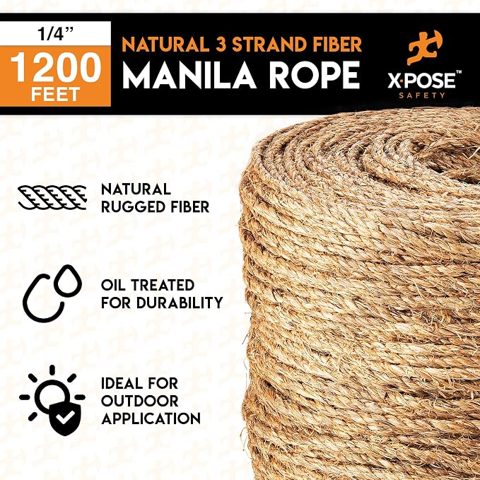 Manila Rope - 1/4 Inch 1200' - 3 Strand Cordage Twisted Braided Rope - Thick - Image 4