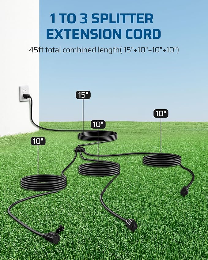 DEWENWILS Outdoor Extension Cord Multiple Outlets 45ft, Evenly Spaced 3 Outlets - Image 2
