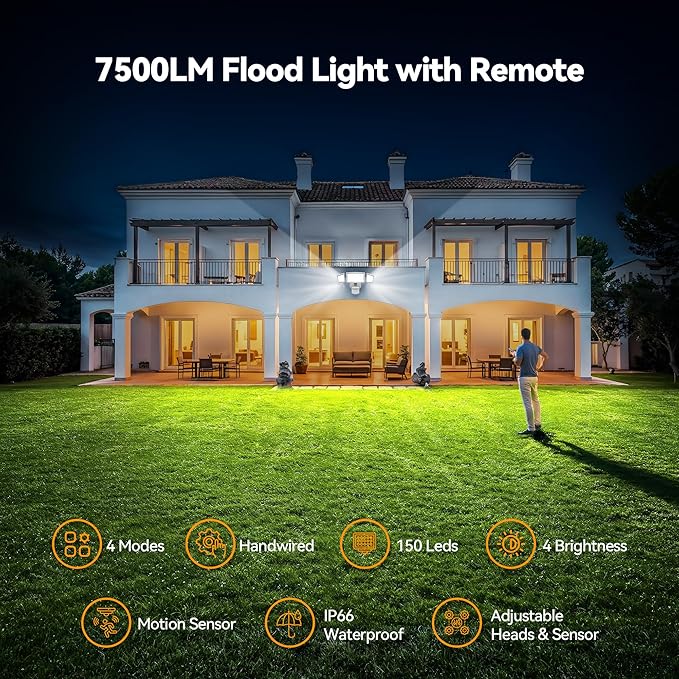TECKNET 7500LM Motion Sensor Outdoor Lights, 150-LED 3-Head Security Light - Image 2