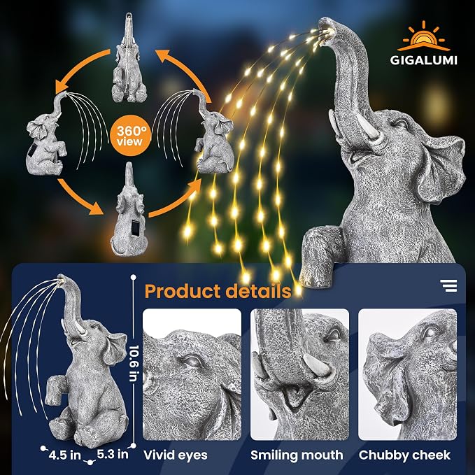 GIGALUMI Solar Garden Decor Upgraded Elephant Statues Outdoor, Birthday Gifts - Image 3