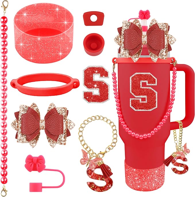 9PCS Red for Stanley Cup Accessories Set Bling Initials Bow Charms for Stanley by Unknown