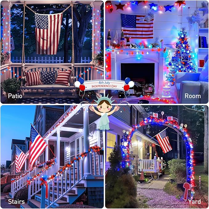JMEXSUSS Connectable Red White and Blue Lights Indoor Outdoor, 100 LED 33ft 4th - Image 6