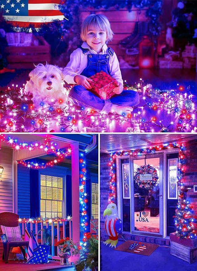 Minetom Red White Blue Lights, Waterproof Solar String Lights Outdoor, Solar - Image 7