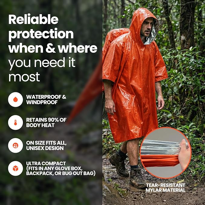 Wallaby 4-Pack Emergency Mylar Ponchos – Universal Fit Thermal Poncho - Image 2