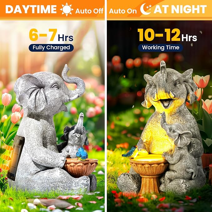 GIGALUMI Solar Garden Statues Bird Bath Elephant 9", Loving Elephant Decor - Image 4