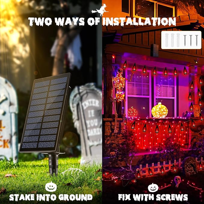 iBaycon Solar Halloween Lights, 27Ft 10 LED Bulbs Flickering Flame String Light - Image 6
