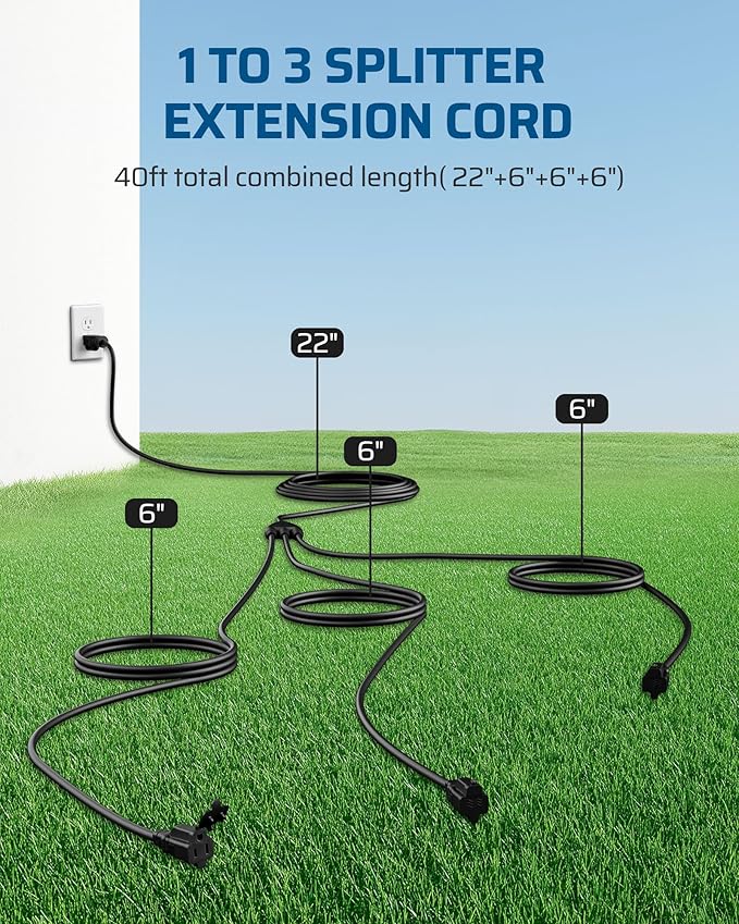DEWENWILS Outdoor Extension Cord 1 to 3 Splitter, 3 Prong Outlets Plugs - Image 2