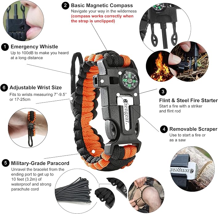 aZengear Paracord Survival Bracelet | Flint Steel Fire Starter, Mini Saw | - Image 2