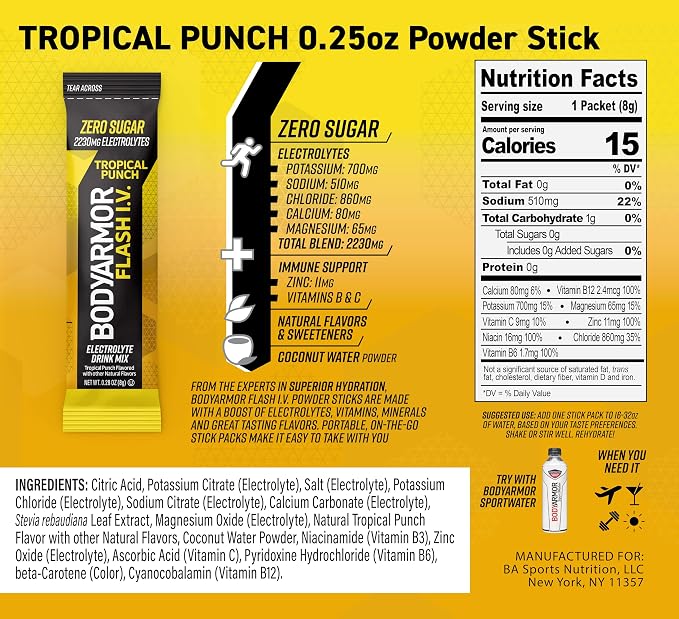 BODYARMOR Flash IV Electrolyte Packets, Strawberry Kiwi, Lemon Lime, & Tropical - Image 3