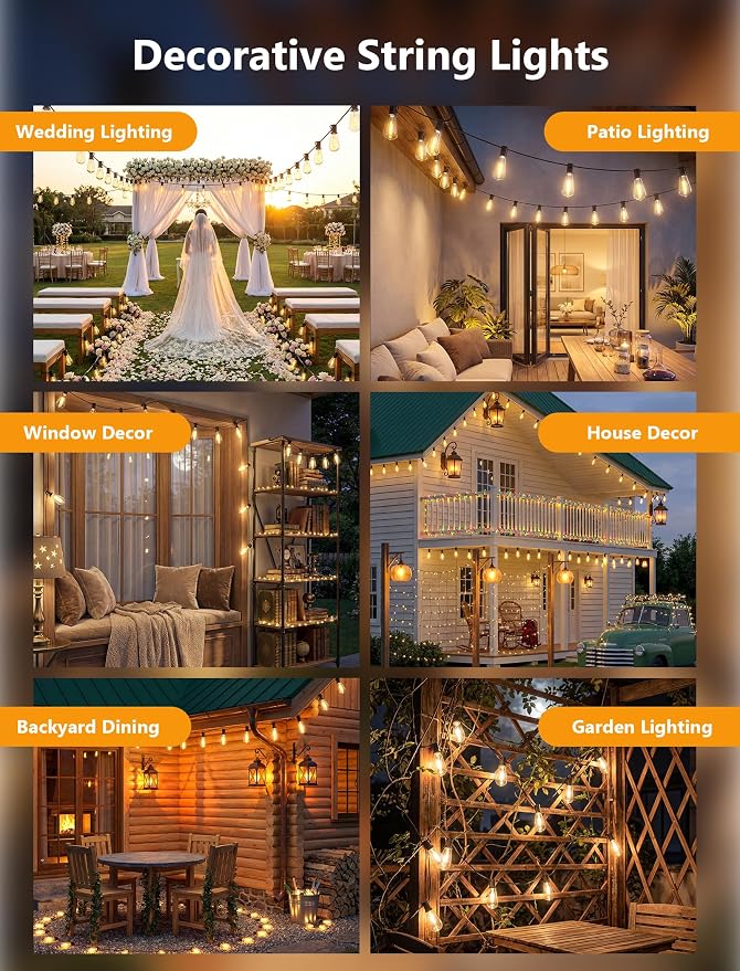 45FT Outdoor String Lights, 30 ST40 Shatterproof Vintage Edison Bulbs, Hanging - Image 7