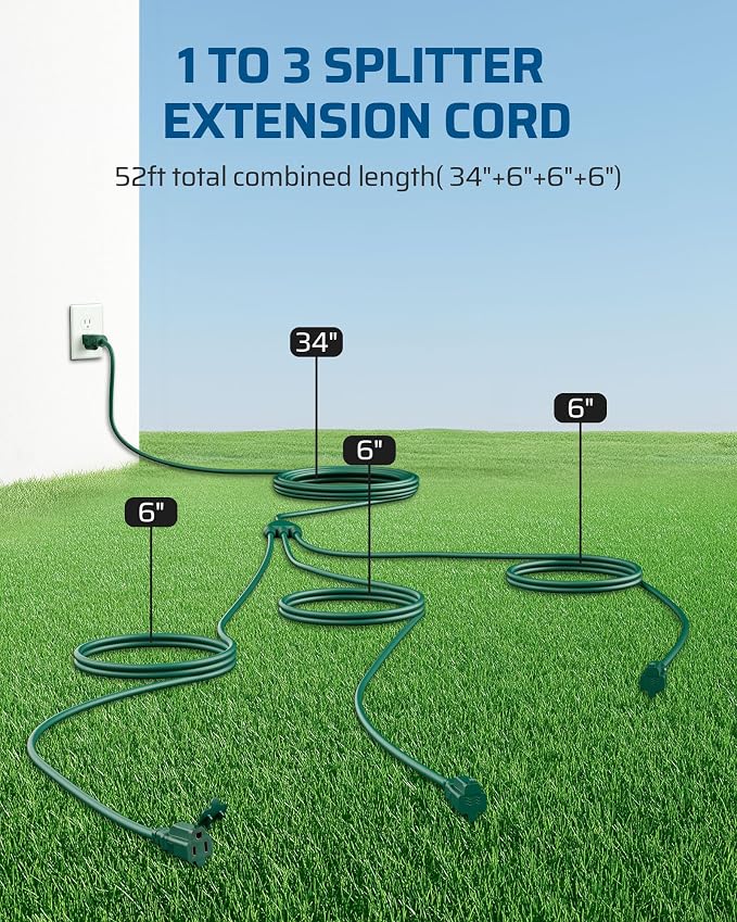 DEWENWILS Outdoor Extension Cord 1 to 3 Splitter, Total 52FT, 13A 125V 1625W - Image 2
