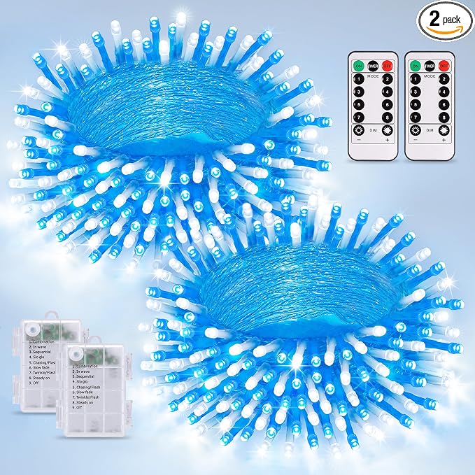 JMEXSUSS 2 Pack Blue and White Battery String Lights, Each 33ft 100 LED Battery by JMEXSUSS