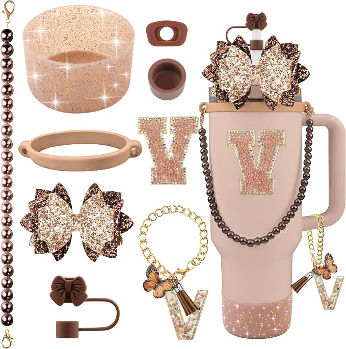 9PCS Brown for Stanley Cup Accessories Set Bling Initials Bow Charms for by Unknown