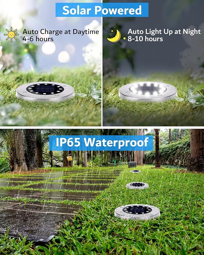 Biling Solar Ground Lights Outdoor 8 Packs, 12 LEDs Bright Flat Solar Lights - Image 3
