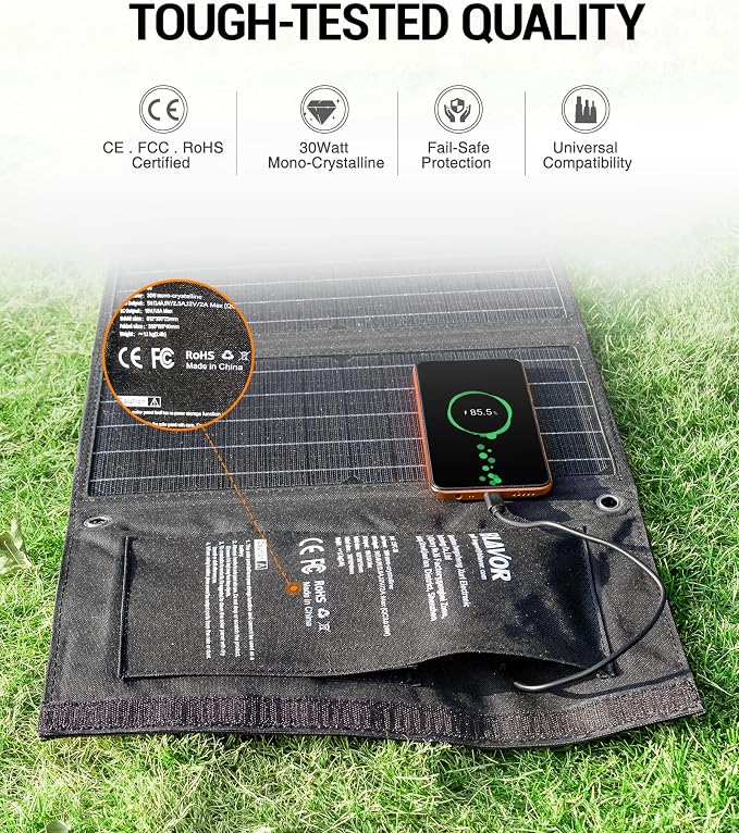 BLAVOR 30W Solar Charger USB-A QC3.0 24W USB-C DC 30W Outputs, Foldable Solar - Image 8