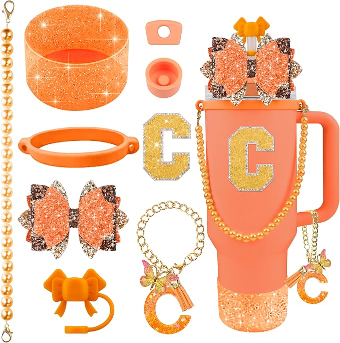 9PCS Orange for Stanley Cup Accessories Set Bling Initials Bow Charms for by Unknown