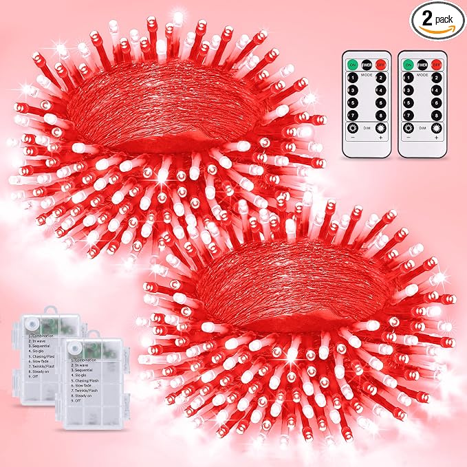 JMEXSUSS 2 Pack Red and White Battery Christmas Lights, Each 33ft 100 LED by JMEXSUSS