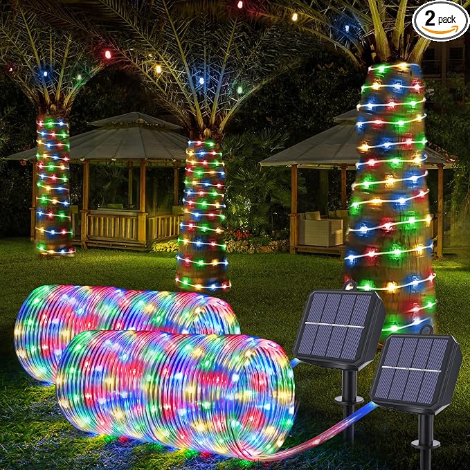 Solar Rope Lights, 2 Packs Total 66ft 200LED Solar String Lights, 8 Modes by Jnaurb