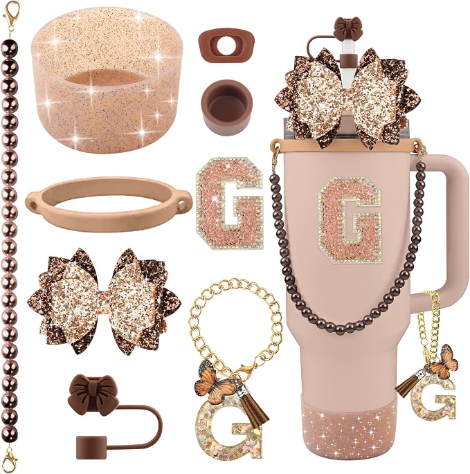 9PCS Brown for Stanley Cup Accessories Set Bling Initials Bow Charms for by Unknown
