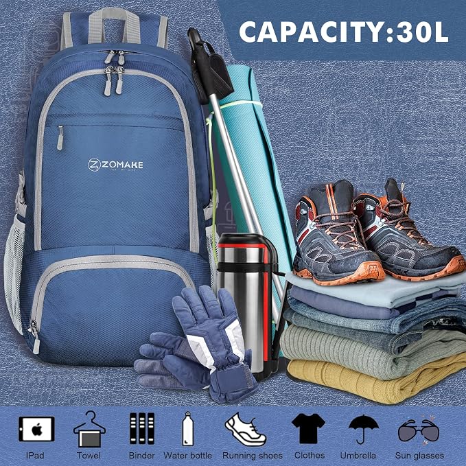 ZOMAKE Lightweight Packable Backpack 30L, Foldable Hiking Backpacks Water - Image 3
