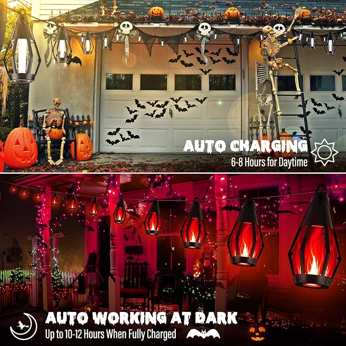 iBaycon Solar Halloween Lights, 42Ft 15 LED Bulbs Flickering Flame String Light - Image 4