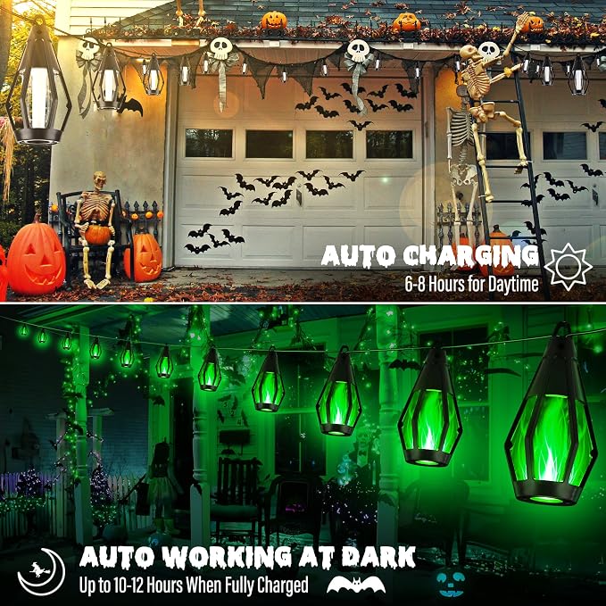 iBaycon Solar Halloween Lights, 27Ft 10 LED Bulbs Flickering Flame String Light - Image 4