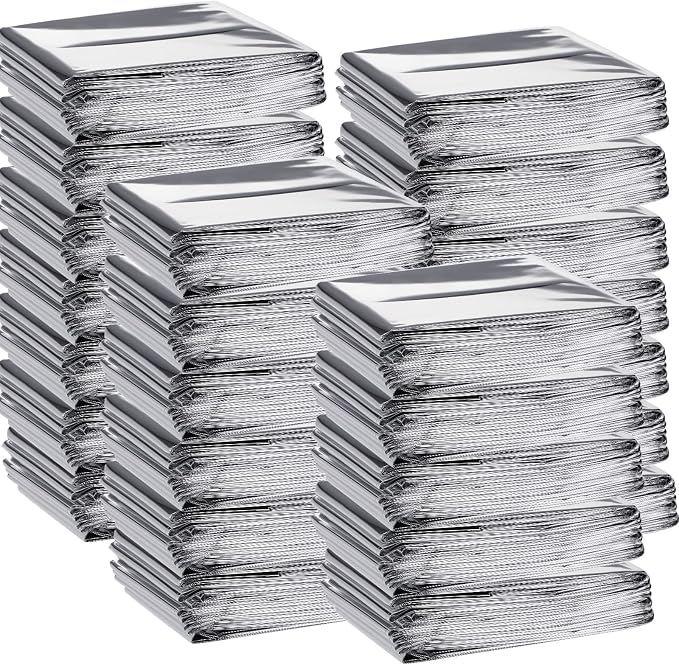 Macarrie 100 Pack Emergency Thermal Blankets Silver Foil Survival Blanket Kit by Macarrie