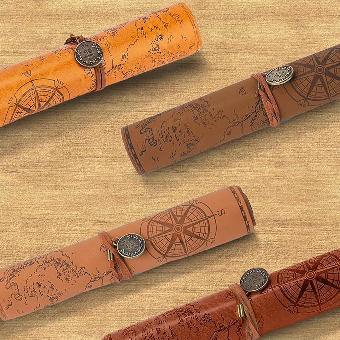 4 Pieces Leather Pencil Case, Creative Map Rollup Pencil Bag, Vintage Makeup - Image 3