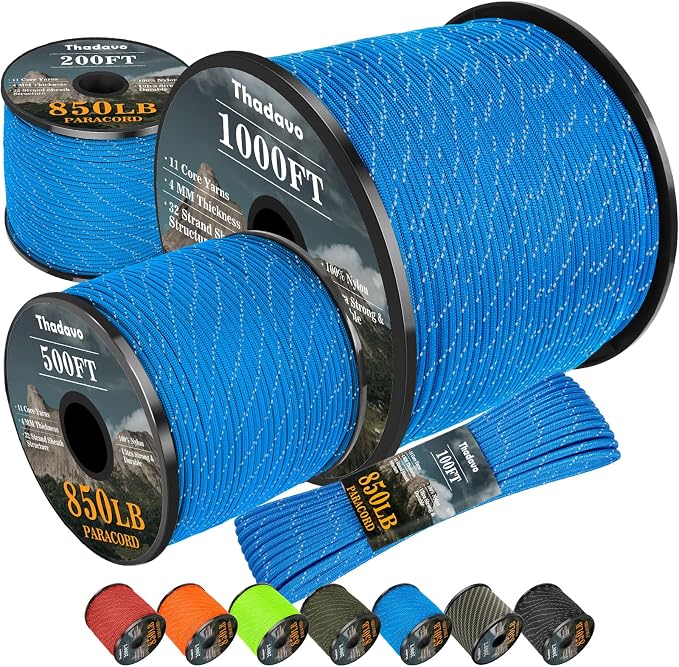 Reflective Paracord Rope 850Ib, 50/100/200/500/1000ft 4MM 11 Strand para Cords by Thadavo