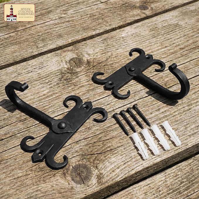 Mystic Colonial Rustic Cast Iron Wall Hooks, Heavy Duty Retro Utility Hooks - Image 6