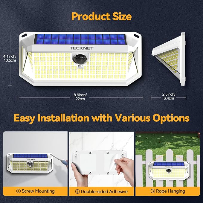 TECKNET 416 LED Solar Powered Outdoor Lights, 270° Angle & 3 Lighting Modes - Image 7