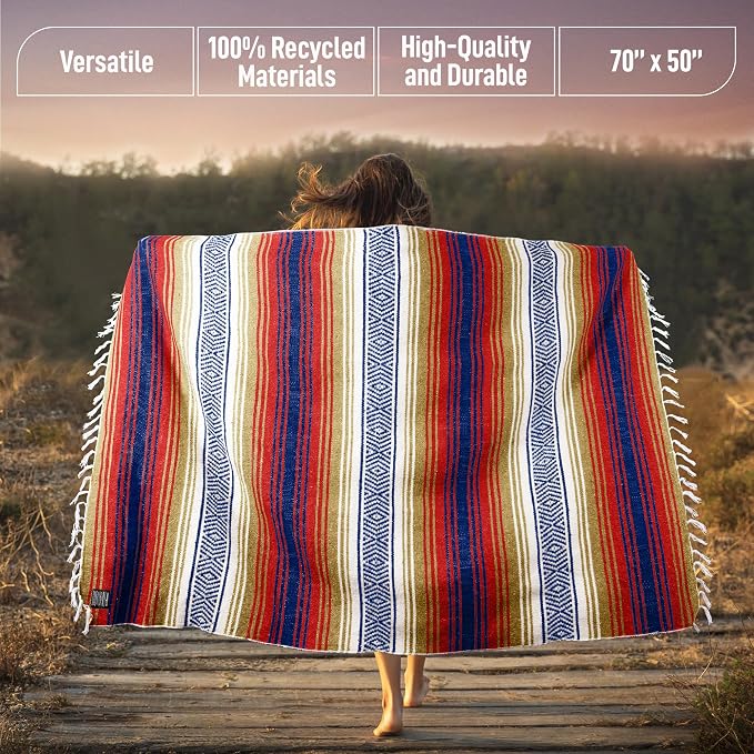 Hydration Nation Authentic Large Handwoven Mexican Striped Throw Blanket - Image 3
