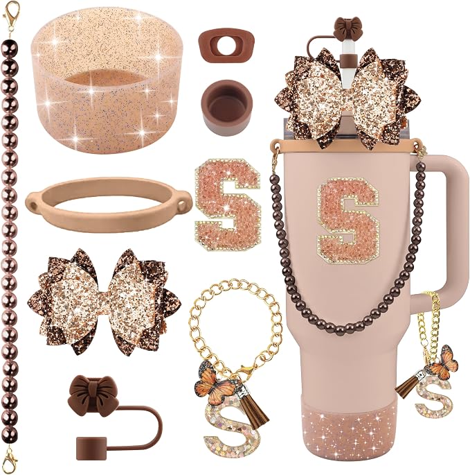 9PCS Brown for Stanley Cup Accessories Set Bling Initials Bow Charms for by Unknown