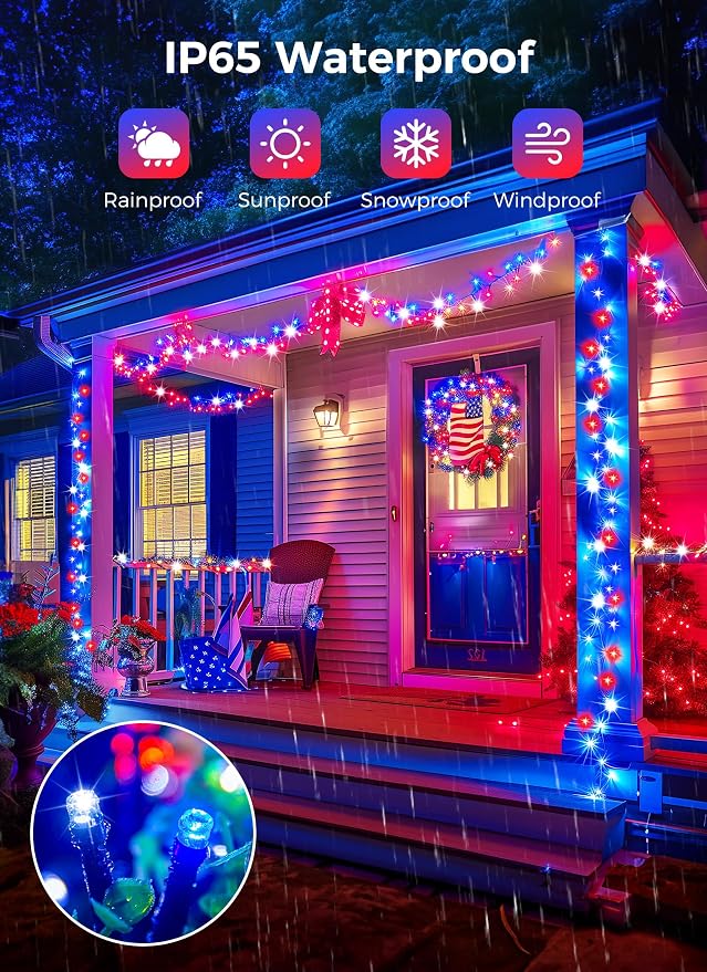 Minetom Red White Blue Lights, Waterproof Solar String Lights Outdoor, Solar - Image 4